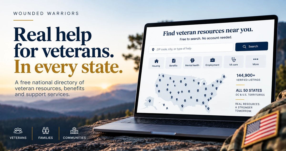 A laptop open on a mountain overlook showing the Wounded Warriors veteran resource search and a map of listings across the United States, beside the words Real help for veterans. In every state.